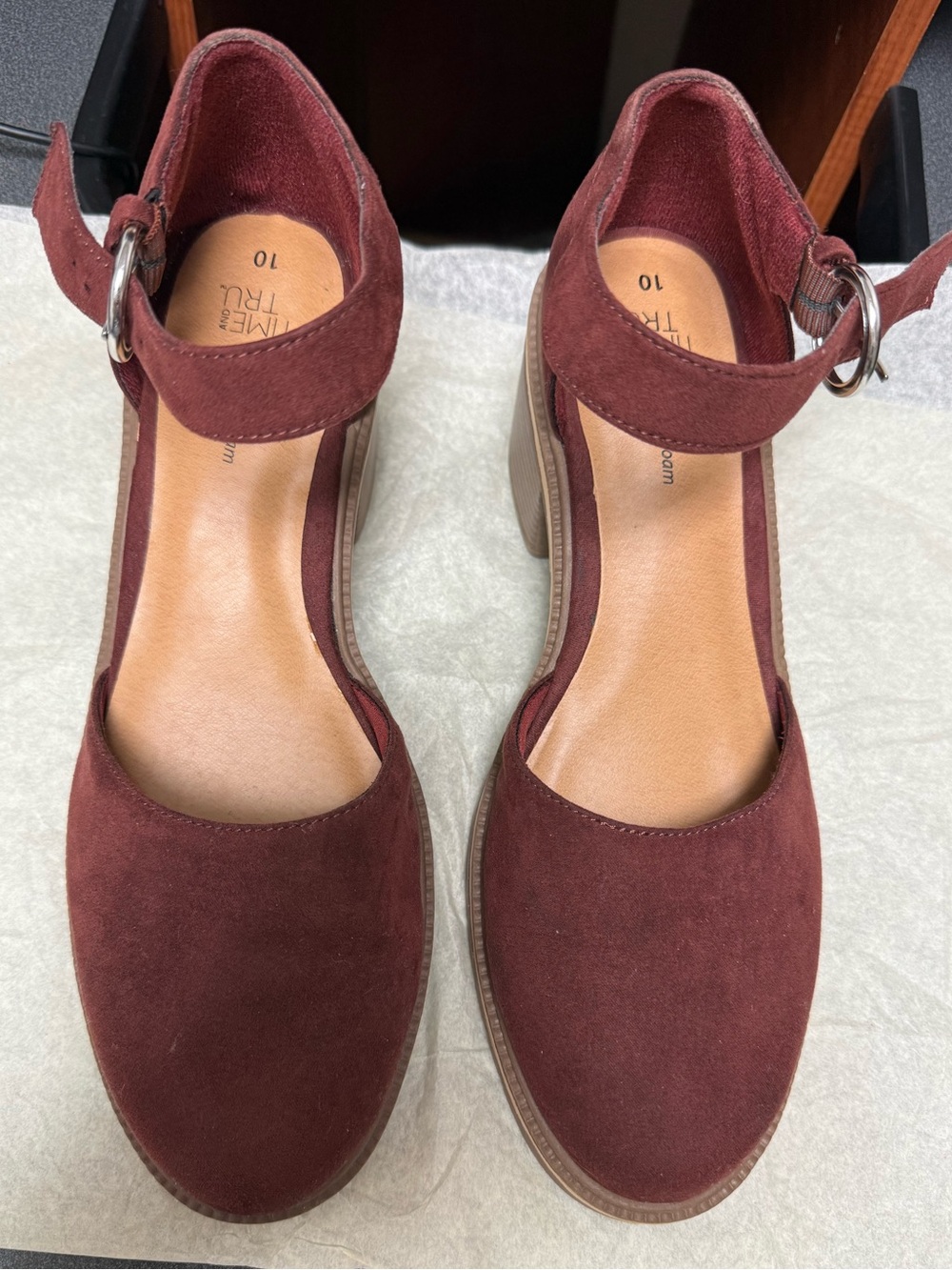 Time and Tru Burgundy Suede Ankle-Strap Block Heels